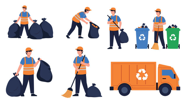 Team of sanitation workers performing waste management tasks including sweeping, carrying trash bags, and operating a garbage truck.