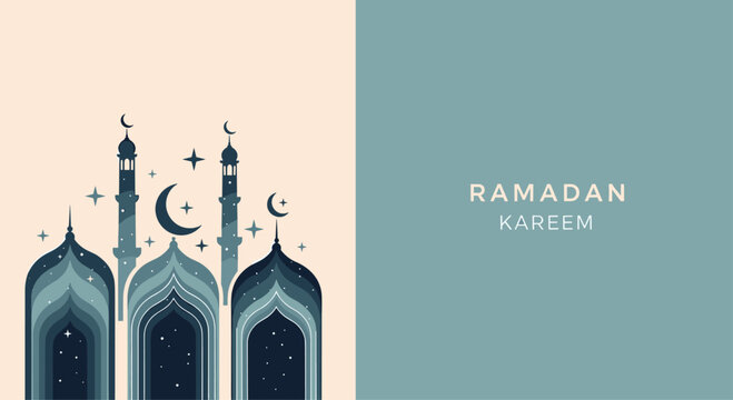 Ramadan Kareem greeting with mosque silhouettes and crescent moons in blue colors.