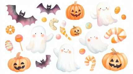 Fototapeta premium Watercolor halloween stickers: ghosts, pumpkins, bats, mummy, owl, black cat, spooky figures on white background