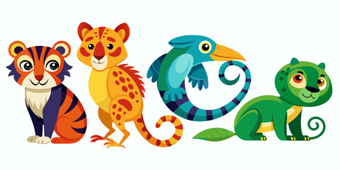 Fototapeta premium Set of cute cartoon tropical animals for kids educational projects