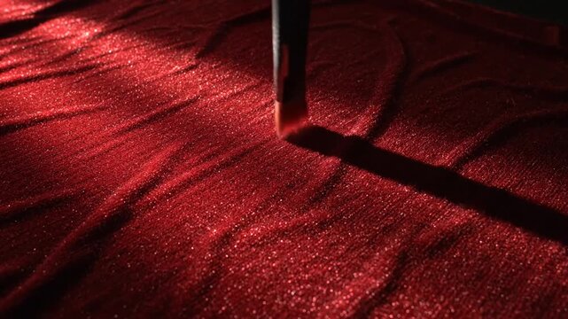 Close-up of a makeup brush applying red glitter eyeshadow, creating a sparkling textured surface, festive cosmetic application, beauty and glamour