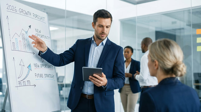 Professional entrepreneur businessman focus on 2026 trend growth business projection corporate challenge new opportunity productivity sales forecast insight success growth future strategy idea upward