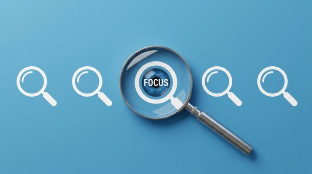 A magnifying glass focuses on the word focus surrounded by four smaller magnifying glasses on a blue surface.