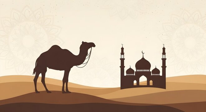 silhouette of camel and mosque in desert landscape