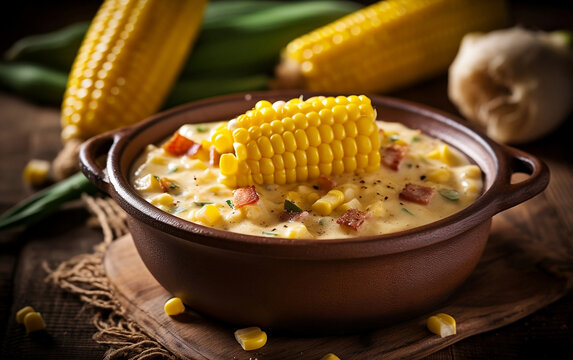 A bowl of creamy corn chowder with a corn on the cob on top sits on a wooden cutting board surrounded by corn and vegetables.