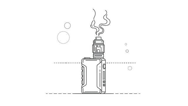 Minimalist line art illustration of a professional vape mod kit emitting smoke clouds against a clean white background.