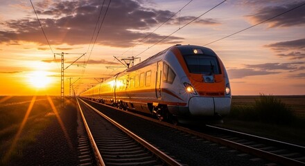 Fototapeta premium High Speed Train Travelling at Sunset Across Open Country