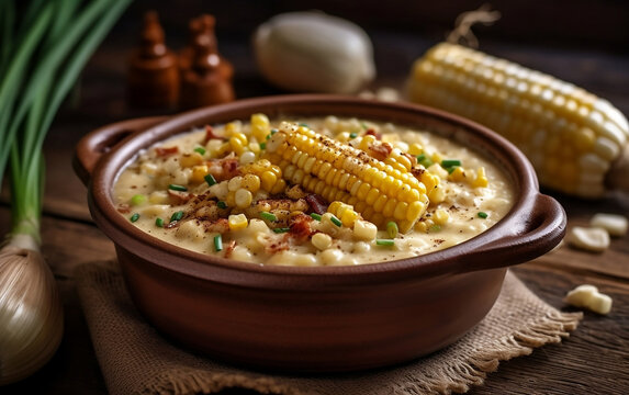 A bowl of creamy corn chowder with bacon bits and herbs sits on a rustic wooden table surrounded by fresh corn on the cob.