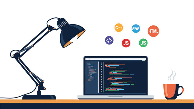 Productive coding workspace featuring a laptop screen with lines of code alongside a desk lamp, coffee mug, and programming icons.