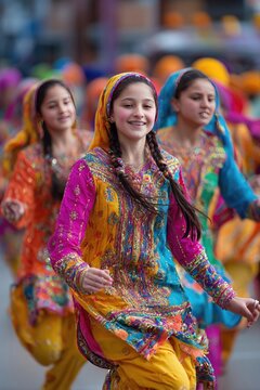 Young girls in colorful Punjabi suits dancing Giddha at Vaisakhi