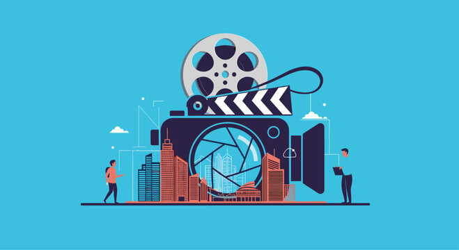 Concept illustration of movie production and cinematography featuring a large video camera lens against a city skyline backdrop.