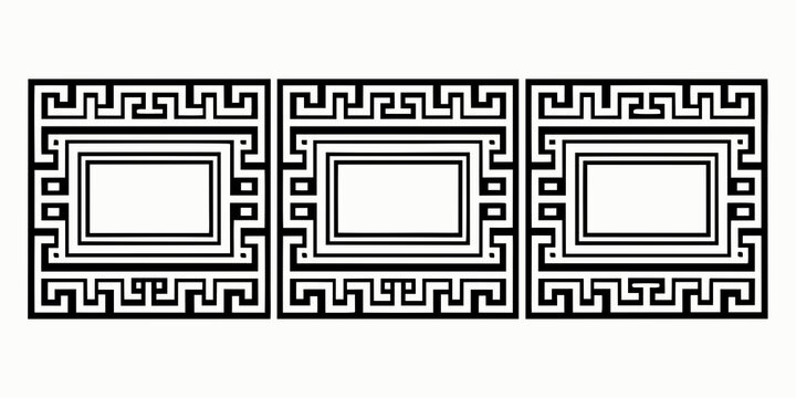 Three decorative frames with Greek meander key patterns on white background