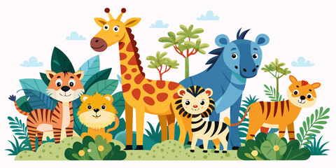 Obraz premium Group of cute cartoon safari animals in lush greenery