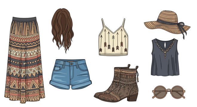Stylish collection of bohemian fashion items including a patterned maxi skirt, crop top, suede boots, and floppy hat.