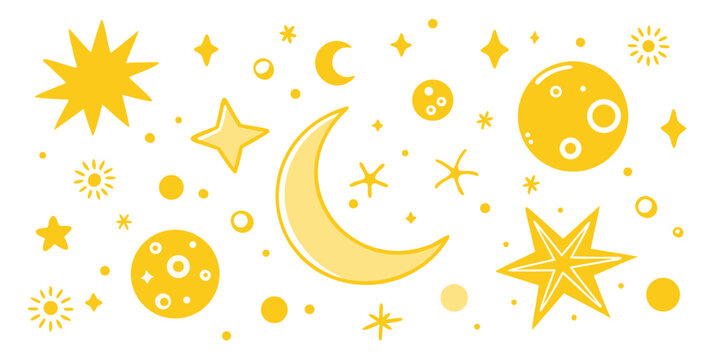 Yellow celestial elements moon stars and planets pattern