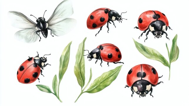 Watercolor illustrations of seven ladybugs in various poses on white background with green leaves