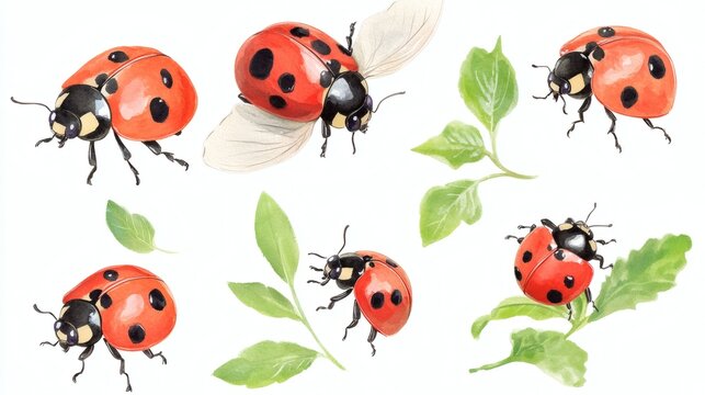 Watercolor illustrations of seven ladybugs in various poses on white background with green leaves