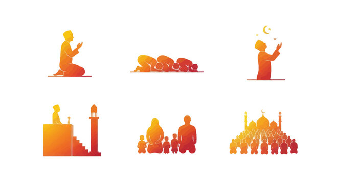 Islamic prayer icons: namaz, mosque, crescent moon, family prayer, congregation
