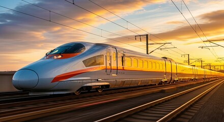 Fototapeta premium High Speed Train Travels at Sunset on Tracks