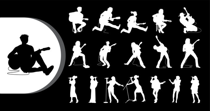 A collection of white silhouettes of musicians and performers on a black background with a single black silhouette on a white half-circle