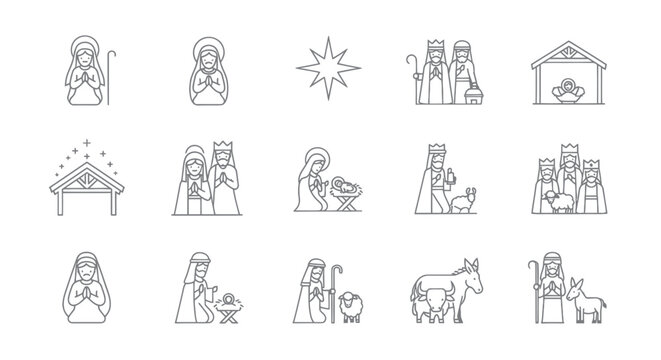 Nativity Scene Icon Set: Christmas Story Line Art, Religious Symbols, Holy Family, Manger, Shepherds, Kings