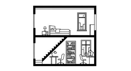 Cross section of a two story house interior floor plan. © Erning