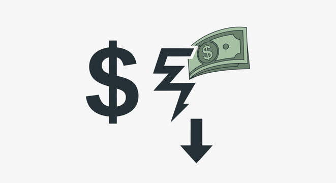 Dollar Sign With Broken Money and Downward Arrow Symbolizing Financial Crisis