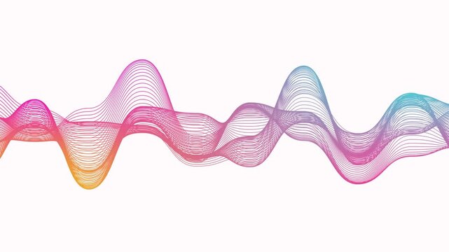Dynamic gradient line waving loop overlay on white background. Big data wave wireframe wavy lines animation footage. Flowing ribbon with fabric element. Colorful wavy grid lines move in waves.