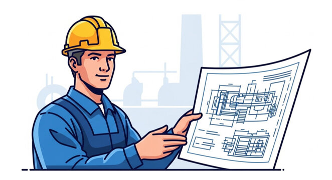 Construction worker holding blueprints on a building site.
