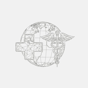 Wireframe globe with medical cross, caduceus and heart symbols outline logo on isolated white background