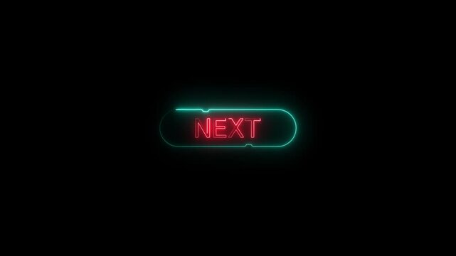 Neon "next" button animation loop, futuristic ui, glowing digital arrow, tech interface transition neon next button
