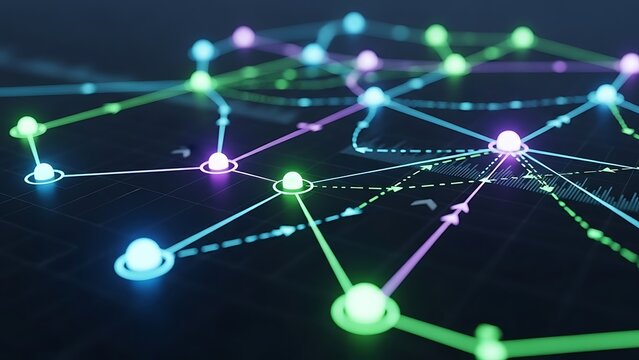 Futuristic digital network connection with glowing nodes, abstract technology data link background, global communication and cyber security concept