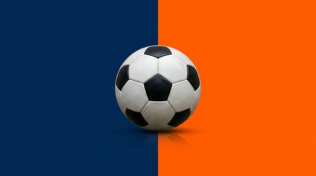 A classic black and white soccer ball rests on a reflective surface, divided by a stark line between a deep blue and vibrant orange background, symbolizing competition and contrast.