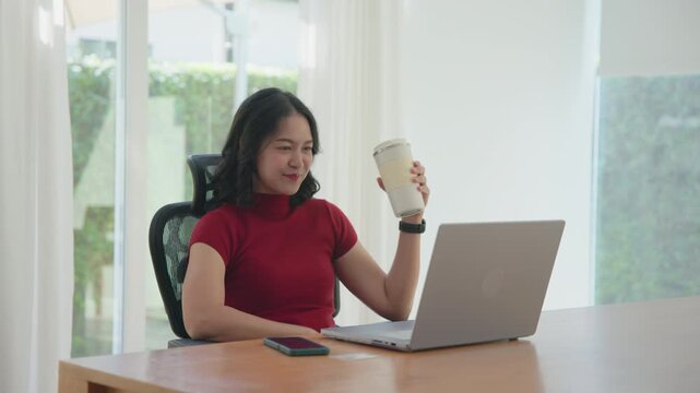 Young asian woman happy smile using search on phone Agent AI app retail shop store pay buy at home Modern Agentic bot order assisted people easy booking hotel ticket vacation smart life virtual wallet