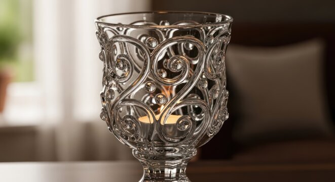A clear glass candle holder with intricate scrollwork design, containing a lit candle, placed on a table with a blurred background featuring a cushion and a window. 