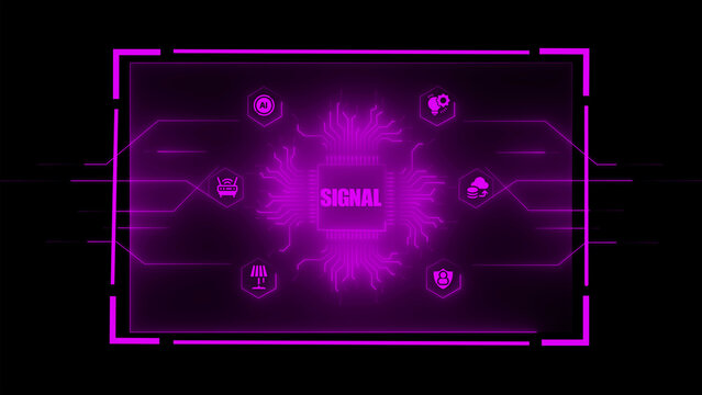 Glowing purple digital interface featuring a central processor chip with the word signal surrounded by various technology connected by circuit board lines on a dark background