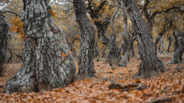 Dry Mediterranean cork oak forest with rugged bark and dry leaves Canon EOS R5 shot