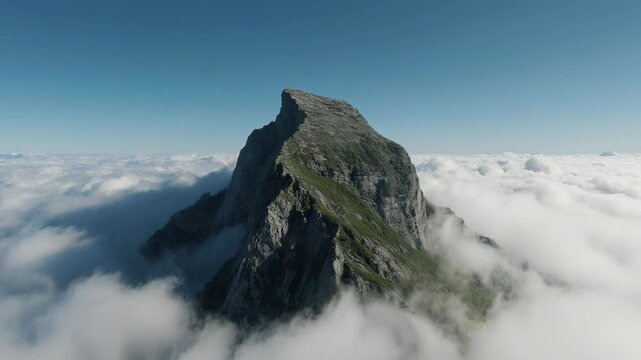 Towering mountain peak rises sharply above clouds, with steep rocky slopes and green patches under clear sky