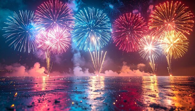 A vibrant fireworks display explodes with multiple colors over a reflective surface, creating stunning light reflections. The scene is illuminated by the explosions