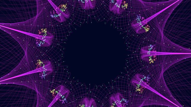 Futuristic abstract animation of a neon purple wireframe grid forming a circular tunnel, with glowing particles and light trails suggesting data flow, and connectivity