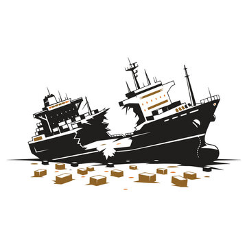 Vintage shipwreck stranded at sea, detailed nautical vector illustration isolated on white background.