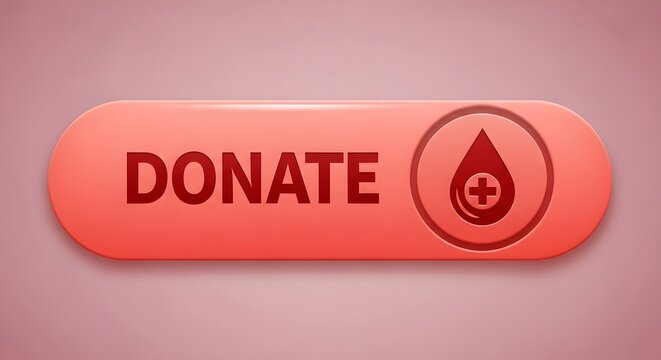 Red donate button with blood drop and cross on pink background
