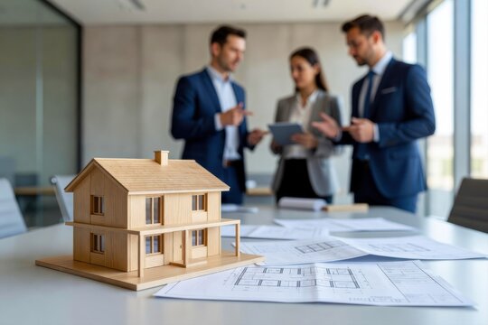 A wooden house model and architectural blueprints on a table, with blurred business people discussing in the background.