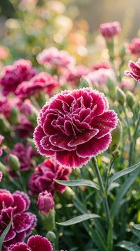 Close Up Of A Vibrant Deep Pink Carnation Flower With Serrated Edges And A White Border Blooming In A Garden With Soft Bokeh Background During Golden Hour