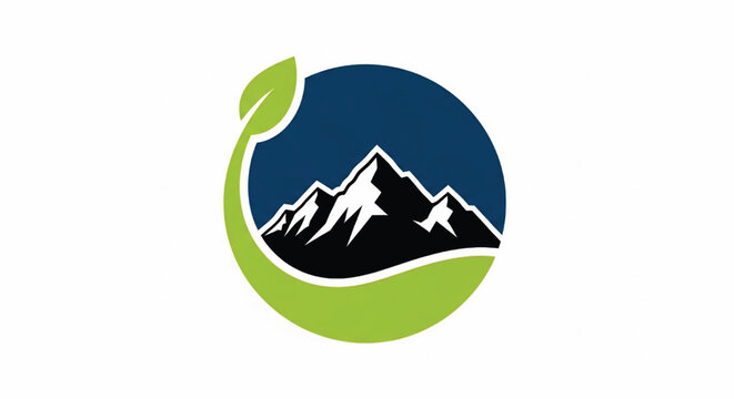 Mountain landscape logo icon with green sprout leaf and blue circle background for eco nature branding