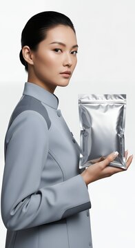 Serious Asian Woman in Futuristic Uniform Holding a Silver Pouch.