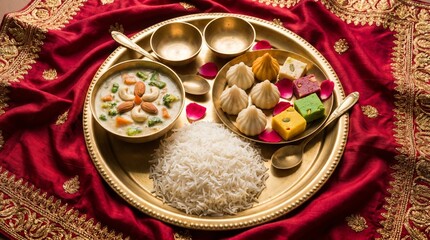 Fototapeta premium Bengali thali with sweets, fruits, betel leaf, Top view captures detailed Jamai Sasthi setup, Traditional ritual offering for blessings, Colorful presentation with cultural richness
