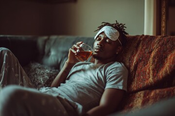 Fototapeta premium black man resting on couch holding tea cup in low warm light, wearing sleep mask and casual home clothes, relaxed evening setting, therapeutic laziness, lifestyle wellness comfort