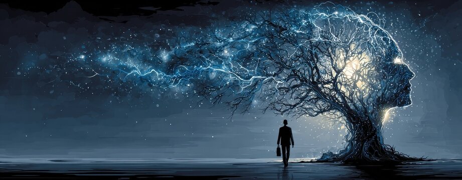 Digital art of a businessman walking towards a Tree of Life shaped like a human brain, its branches glowing with neural energy. A concept for AI, consciousness, and innovation.