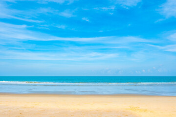 Fototapeta premium A bright, clear blue sky meets a glowing white horizon, suggesting a serene, open, and with sunlight of beautiful cloudy sky. landscape or abstract background 